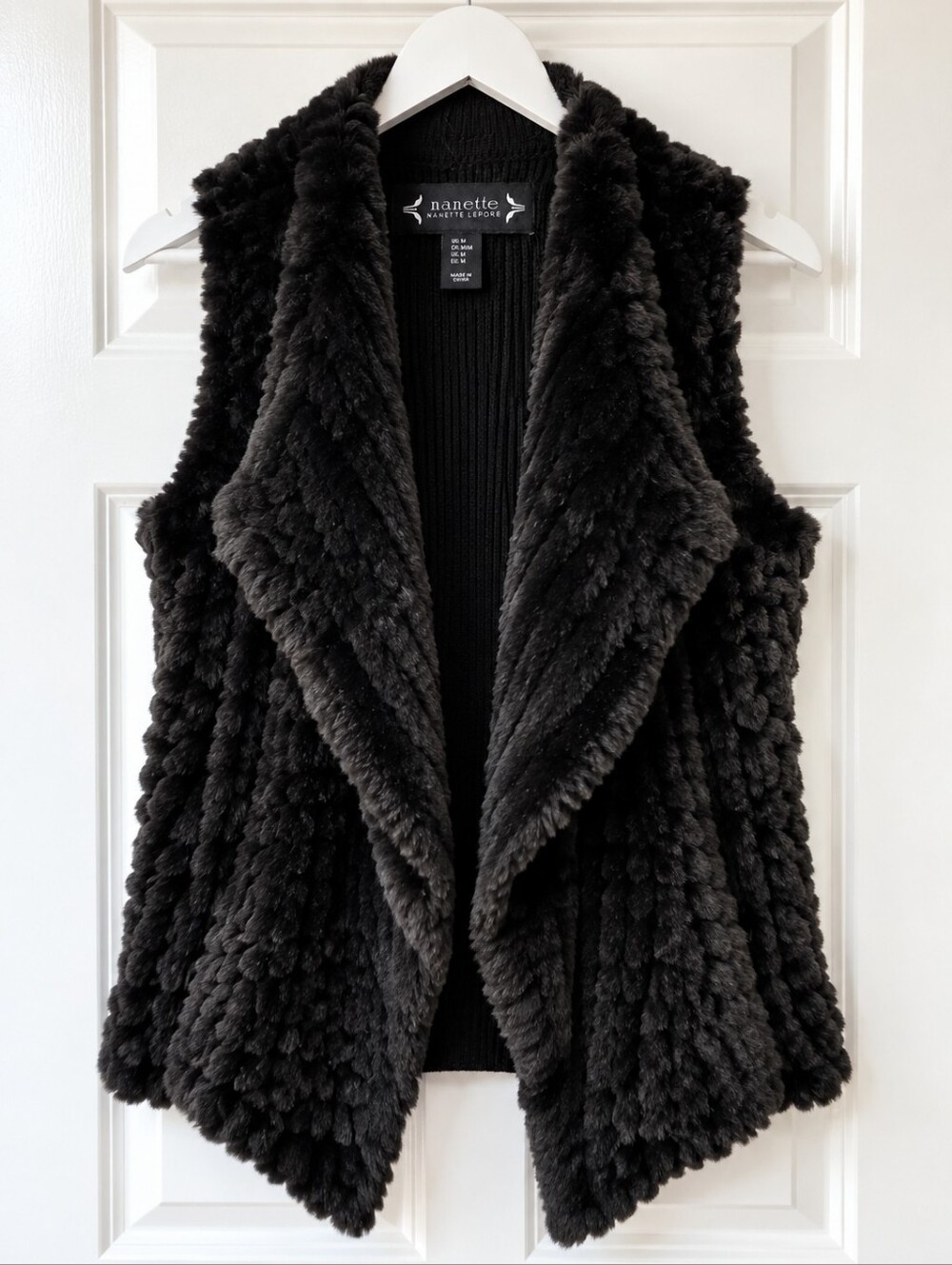 Nanette Lepore M Black Faux Fur Vest Draped Collar Sweater Knit Boho